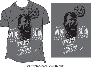 Military-themed t-shirt design with screaming face and bold typography.
