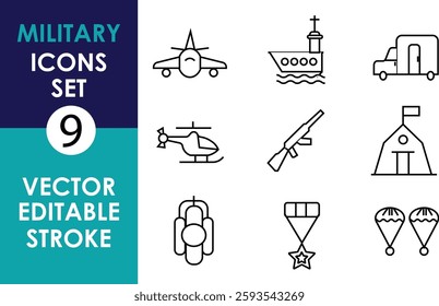 Military-themed vector icon set, editable stroke, black line art, includes airplane, helicopter, ship, rifle, tent, truck, parachutes, medal, minimalistic design, clean style.