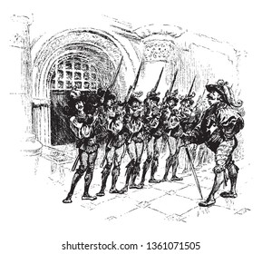 A militia lined up, vintage line drawing or engraving illustration