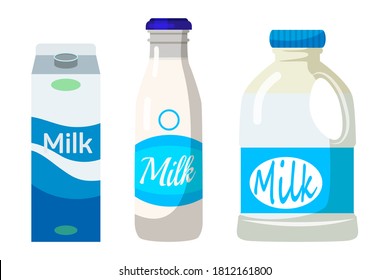 3D-Milchpakete-Set. Realistische Schachteln aus Milchgetränken, Flaschenbehältern, Getränkepackungen. Logo der Lebensmittelindustrie für frische Erzeugnisse. Markengetränk, Vektorgrafik. Etikettendesign.