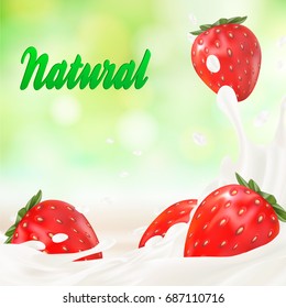Milk ad or 3d strawberry yogurt flavour promotion set. milk splash with fruits isolated on green nature background. instant oatmeal advertising, open field background, 3d illustration
