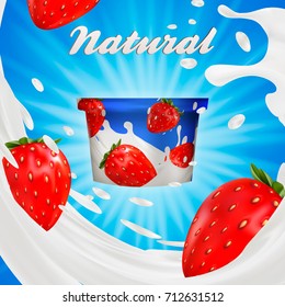 Milk ad or 3d strawberry yogurt flavor promotion. milk splash with fruits isolated on blue. instant oatmeal advertising, open field background, 3d illustration