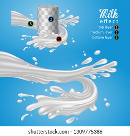 Milk advertising design. The dynamic movement of stream of milk with drops on a blue background. 3D vector. High detailed realistic illustration.