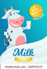 Milk advertizing. Smiling cow standing with glass of fresh farm milk in package healthy vitamin milkshake splash vector cartoon. Banner milk cow farm, mascot adorable illustration