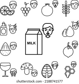 Leche, icono de cara alérgica en una colección con otros elementos