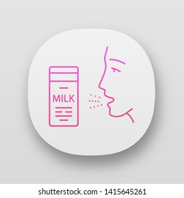 Milk allergy app icon. Food allergy. Allergic reaction to milk proteins. Lactose intolerance. Medical problem. UI/UX user interface. Web or mobile applications. Vector isolated illustrations