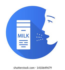 Milk allergy flat design long shadow glyph icon. Food allergy. Allergic reaction to milk proteins. Lactose intolerance. Medical problem. Allergens in dairy. Vector silhouette illustration