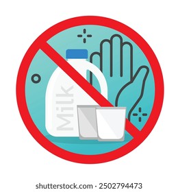 Milk allergy sign illustrate with cute cartoon, hand and warning sign in red line