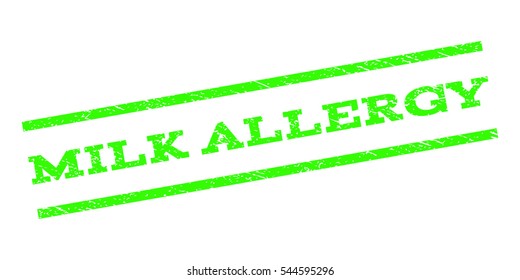 Milk Allergy watermark stamp. Text tag between parallel lines with grunge design style. Rubber seal stamp with scratched texture. Vector light green color ink imprint on a white background.