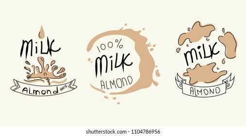 Milk almond vector illustration set