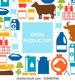 Milk background with dairy products and objects.