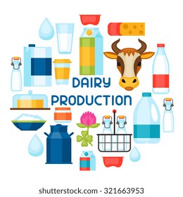 Milk background with dairy products and objects.
