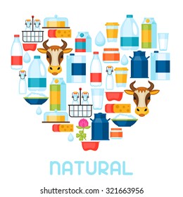 Milk background with dairy products and objects.