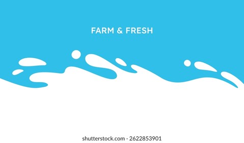 Fondo de leche. Anuncio de salpicaduras de lácteos. Gota de producto lácteo, secado, ondulación. Yogur simple salpica en cartel azul para publicidad. Ilustración de leche fresca de granja. Concepto de Vector.