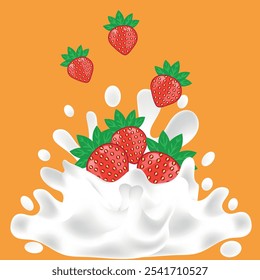 Milk background, vector, waves. milk design elements, strawberry, splash, milk, on an orange background, dairy product