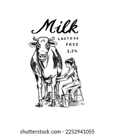 Milk badge. Cow and woman farmer, milkmaid Vintage logo for shop and t-shirts. Village or meadow. Hand Drawn engrave sketch. Vector illustration.