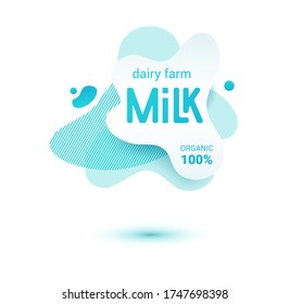 Milk badge and dairy labels with splashes and bolts. Milk badge with drop and splash for labels of package. Liquid amoeba shapes