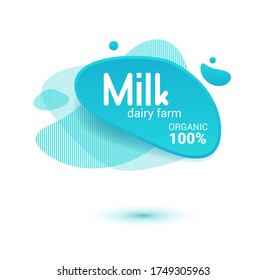 Milk badge and dairy labels with splashes and bolts. Milk badge with drop and splash for labels of package. Liquid amoeba shapes
