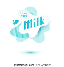 Etiquetas de leche y lácteos con salpicaduras y pernos. Insignia de leche con gota y salpicadura para etiquetas de paquete. Formas de ameba líquida