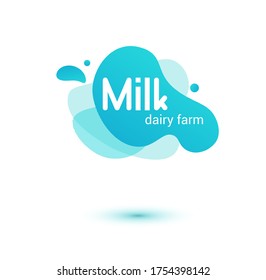 Milk badge and dairy labels with splashes and bolts. Milk badge with drop and splash for labels of package. Liquid amoeba shapes