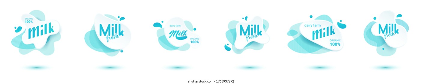 Milk badge and dairy labels with splashes and bolts. Milk badge with drop and splash for labels of package. Liquid amoeba shapes