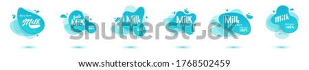 Milk badge and dairy labels with splashes and bolts. Milk badge with drop and splash for labels of package. Liquid amoeba shapes Foto stock © 