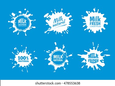 Milk badges vector set. White Splash and blot design isolate on blue background. Clean emblems of milk with place for your text