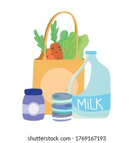 milk bag carrot lettuce, food delivery in grocery store vector illustration