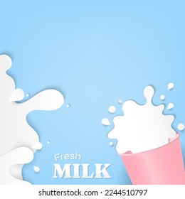 Milk banner. Milk in liquid shape out of a glass on blue background with text fresh milk. Paper art style.