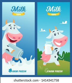 Milk banners. Cartoon funny cow advertising illustration with farm concept vector pictures. Illustration of milk and cow cattle, agriculture farm product