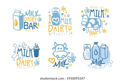 Milk Bar Logo Design Set, Natural Healthy Dairy Products Badges, Labels Cartoon Vector Illustration