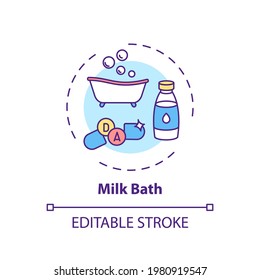 Milk bath concept icon. Home spa procedure idea thin line illustration. Soothing and hydrating skin. Reducing fine lines and wrinkles. Vector isolated outline RGB color drawing. Editable stroke