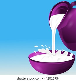 Milk being poured from a jug into a bowl. Splash. Blue background. Vector illustration. 
