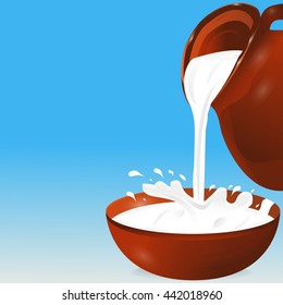 Milk being poured from a jug into a bowl. Splash. Blue background. Vector illustration. 