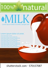 Milk being poured from a jug into a bowl on a wooden table. Splash. Gray background. Vector illustration. 