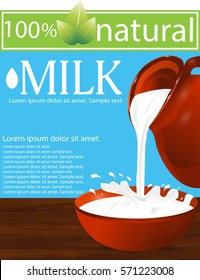Milk being poured from a jug into a bowl on a wooden table. Splash. Blue background. Vector illustration. 