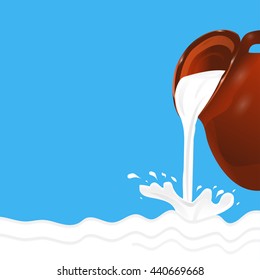 Milk being poured from a jug. Splash. Blue background. Vector illustration.