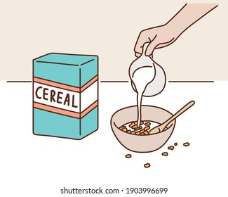 milk being poured over a bowl full of cereal. Hand drawn style vector design illustrations.