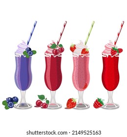 Milk and berry cocktails with whipped cream and a straw in a glass glass,set, isolated on a white background.Vector strawberry, blueberry, cherry, raspberry drink can be used in the menu of bars and r