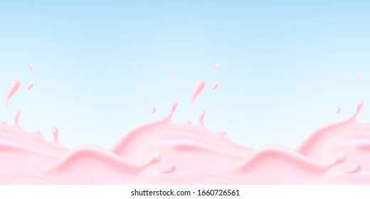 Milk beverage splash seamless pattern. 3d realistic pink yogurt wave border. Vector milk strawberry product package mockup.
