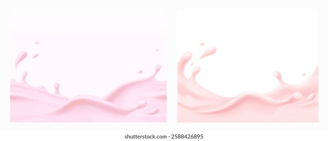 Milk beverage splash seamless patterns. 3d realistic pink yogurt wave borders. Vector milky strawberry product package mockups