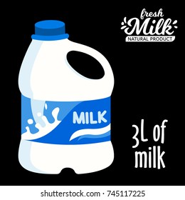 Milk in a big plastic bottle icon flat style. Isolated on black background. Vector illustration.