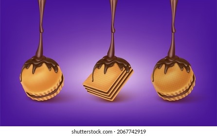 Milk biscuit cookies and cream drops dessert food appetizer. Isolated on yellow background. Realistic 3D vector illustration.