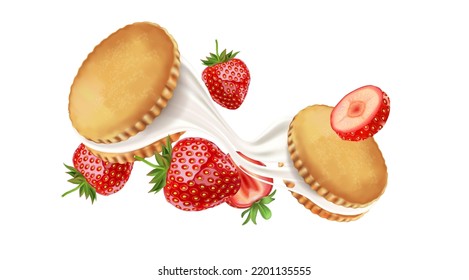 Milk biscuit cookies with strawberry in the middle isolated on solid color background. Vector realistic in 3d illustration.
