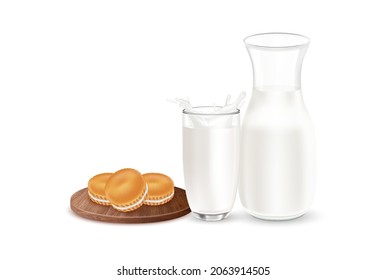 Milk biscuit sandwich cookies and creamy wafer and Fresh milk with milk yogurt glass splashing and bottle mockup. Dessert food appetizer. Isolated on white background. Realistic 3d vector.