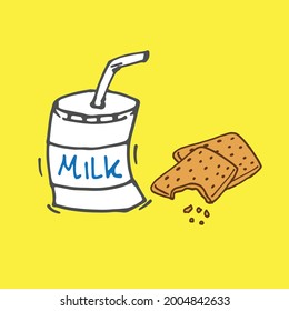 milk with biscuits illustration on yellow background. cup of milk with straw and pile of crackers. hand drawn vector. healthy breakfast for kids. doodle art for wallpaper, logo, label, clipart, advert