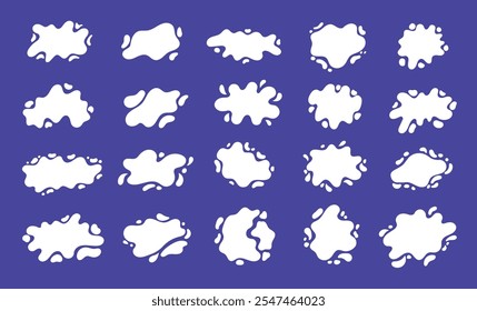 Milk blobs. Liquid cream spots and drops, milky spray and splash, yogurt stains and blot for label design. Vector white fluid shapes isolated set.