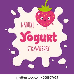 Milk Blot Illustration. Yogurt Logo And Cartoon Strawberry