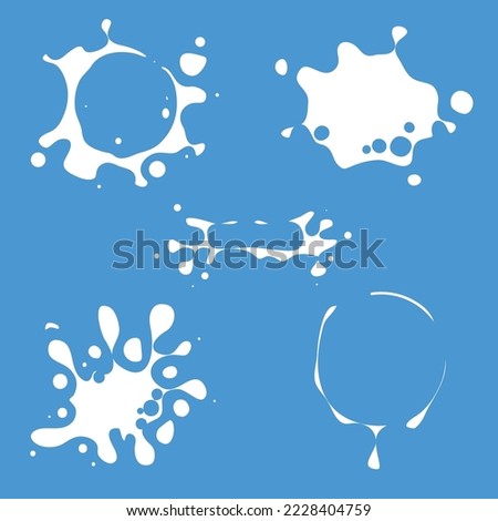 Milk blots set. White smudges splashes drops on blue background. Organic natural farm fresh milk labels vector collection. Splash and blot design shape creative illustration. Milk splat set. Milk drop