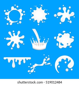 Milk blots and splashes icons detailed vector set